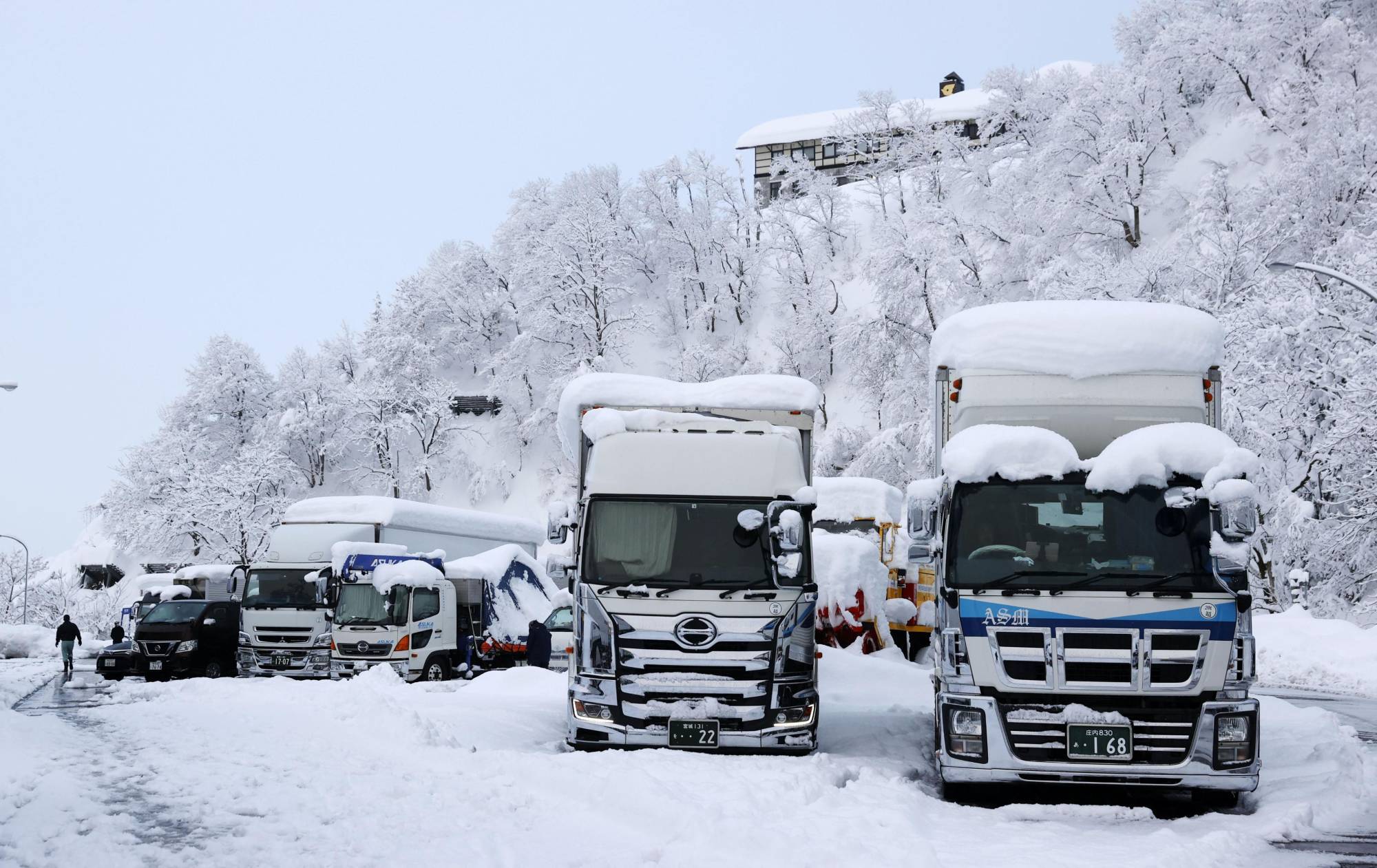 Vehicles are stranded on the Kan-Etsu Expressway in Minamiuonuma, Niigata Prefecture, as heavy snow hits a wide area along the Sea of Japan coast on Dec. 17. | KYODO